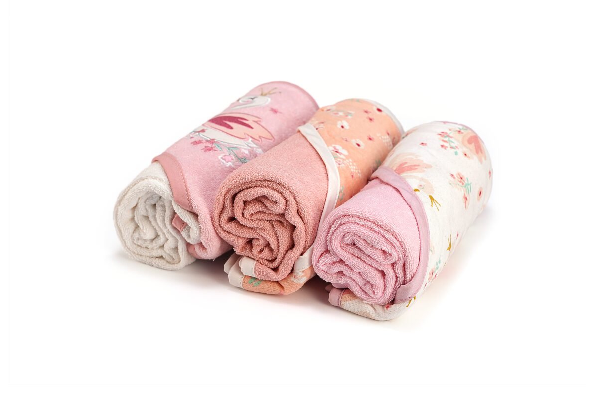 Platted Terry Baby Cap Towel With Contrast Piping Printed Hood